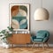 Dark turquoise lounge chair and wooden chest of drawers against white wall with art poster frame. Mid century style interior