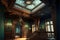 Dark victorian mansion wooden ceiling interior illustration with staircase and a hall