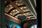 Dark victorian mansion wooden ceiling interior illustration with staircase and a hall