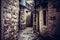 Dark vintage medieval narrow winding street with ancient stone building facade with medieval architecture in old european city Kot