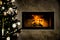 Dark wall with dark Christmas tree with shining fireplace and white christmas decoration