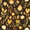 Dark Whimsy: Hand-drawn Yellow Flowers And Leaves Seamless Pattern