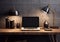 Dark wooden modern minimalist desk setup with laptop and lamp.Macro.AI Generative