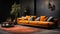 Dark Yellow Sofa with a Dark Gray Empty Wall Behind Persian Rug on Floor Lux Side Table Living Room Background