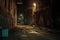 Darkened Urban Aesthetics. Nighttime alley with worn architecture and captivating graffiti tales. Generative AI