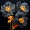 Darkly Romantic Illustration Of Three Black Flowers With Golden Leafs