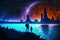 In the darkness, a father and his child behold mysterious castles silhouetted against a brilliant planet. Fantasy concept ,