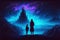 In the darkness, a father and his child behold mysterious castles silhouetted against a brilliant planet. Fantasy concept ,