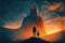 In the darkness, a father and his child behold mysterious castles silhouetted against a brilliant planet. Fantasy concept ,