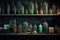 darkroom timer and chemical bottles on a shelf