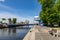 Darlowo, zachodni-pomorskie / Poland - June, 4, 2020: Bridge across the river in the port city. Buildings in the port of Central