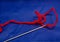 Darning needle, red wool, blue background.