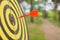 Dart board with darts arrow in the target center in the park