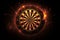 Dart board target in burning flames close up on dark brown background. Classical sport equipment as conceptual 3D illustration.