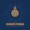 Dart Christmas card. Merry Christmas sport greeting card. Hang on a thread dartboard as a xmas ball and golden bauble on black