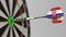 Dart featuring flag of Croatia hits bullseye of the target. Sports or political success related conceptual animation