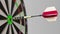 Dart featuring flag of Poland hits bullseye of the target. Sports or political success related conceptual animation
