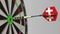Dart featuring flag of Switzerland hits bullseye of the target. Sports or political success related conceptual animation