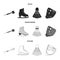 Darts darts, white skate skates, badminton shuttlecock, glove for the game.Sport set collection icons in black