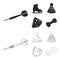 Darts darts, white skate skates, badminton shuttlecock, glove for the game.Sport set collection icons in black,outline