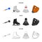 Darts darts, white skate skates, badminton shuttlecock, glove for the game.Sport set collection icons in cartoon,black