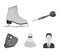 Darts darts, white skate skates, badminton shuttlecock, glove for the game.Sport set collection icons in monochrome