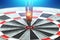 Darts, a golden dart stuck in a target. Dartboard is the target and goal. Business getting into the target audience. 3D