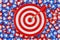 Darts Hitting The Target over Heap of Social Media Network Love and Like Heart Badges Coins Background Texture. 3d Rendering