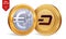 Dash. Euro. 3D isometric Physical coins. Digital currency. Cryptocurrency. Golden coins with Dash and Euro symbol isolated on whit