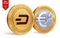 Dash. Euro. 3D isometric Physical coins. Digital currency. Cryptocurrency. Golden coins with Dash and Euro symbol isolated on whit