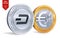 Dash. Euro. 3D isometric Physical coins. Digital currency. Cryptocurrency. Golden and silver coins with Dash and Euro symbol isola