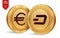 Dash. Euro coin. 3D isometric Physical coins. Digital currency. Cryptocurrency. Golden coins with Dash and Euro symbol isolated on