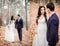 Dashing brunette bride walks with handsome groom