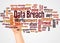 Data breach word cloud and hand with marker concept