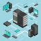 Data network management vector isometric map with business networking servers, computers and device