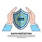 Data safety shield protects palms over General Data Protection Regulation GDPR server security guard on white background