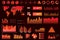 Data screen of assorted vector graphs, charts, diagrams. Red neon color futuristic ui infographics on dark background