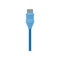 Data or USB connector with bright blue cable. Item for connecting computer with peripheral device. Flat vector icon