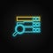 Database, server, search. Blue neon vector icon. Transparent background