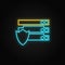 Database, server, shield. Blue neon vector icon. Transparent background