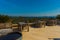 DATCA, TURKEY: Cafe Datca Vineyard with wooden chairs and tables on the hill, where I taste wine.