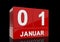 The date of 1 Januar in white numbers and letters on red, glossy blocks