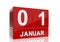 The date of 1 Januar in white numbers and letters on red, glossy blocks