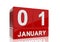 The date of 1 January in white numbers and letters on red, glossy blocks