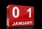 The date of 1 January in white numbers and letters on red, glossy blocks