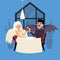 Date angel and demon with wings, glass drink vector illustration. Girl with blond feathers and hair sits at table with