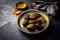 Date Fruits or Kurma on a brass plate on a background of gray concrete. The Ramadan meal is dates and water. Iftar meals for