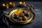 Date Fruits or Kurma on a brass plate on a background of gray concrete. The Ramadan meal is dates and water. Iftar meals for