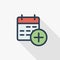 Date and time, calendar and add event thin line flat color icon. Linear vector symbol. Colorful long shadow design.