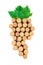 Dated and vintage wine corks in the shape of a group of grapes with a green leaf on white background. - Image